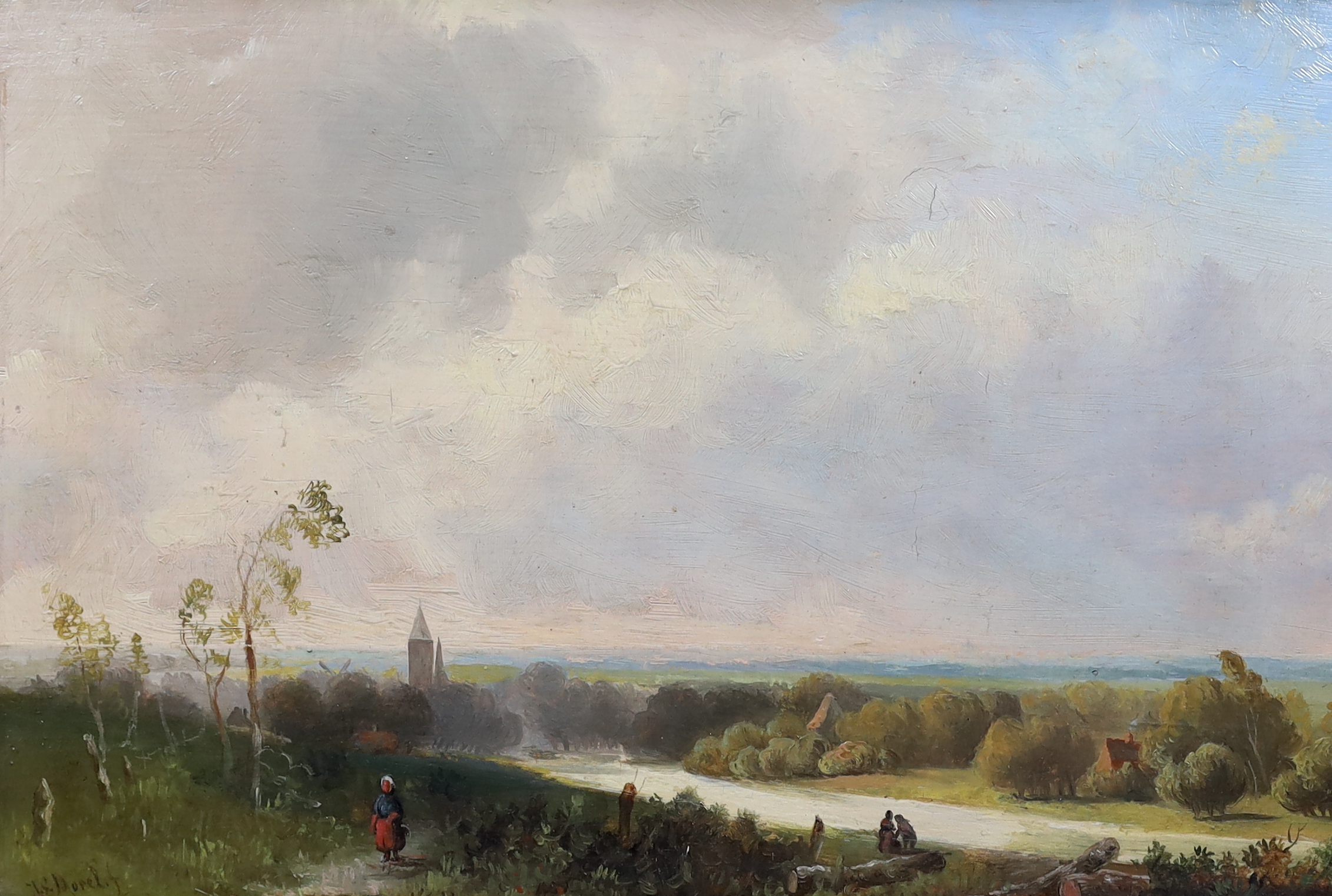 Jan Evert Morel II (Dutch, 1835-1905) oil on oak panel, figures in an open landscape, signed, 22 x 32cm